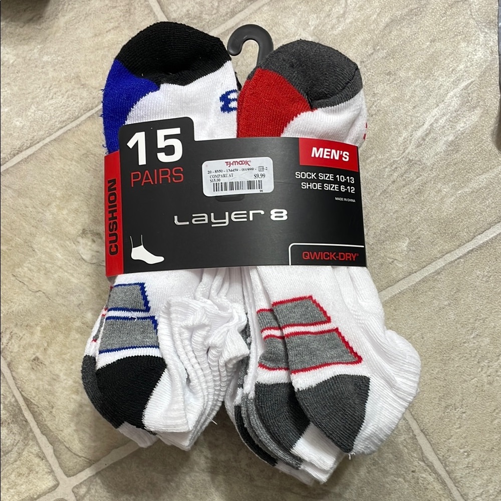Layer 8 Men's Cushioned Socks - White, Red, Blue, Gray